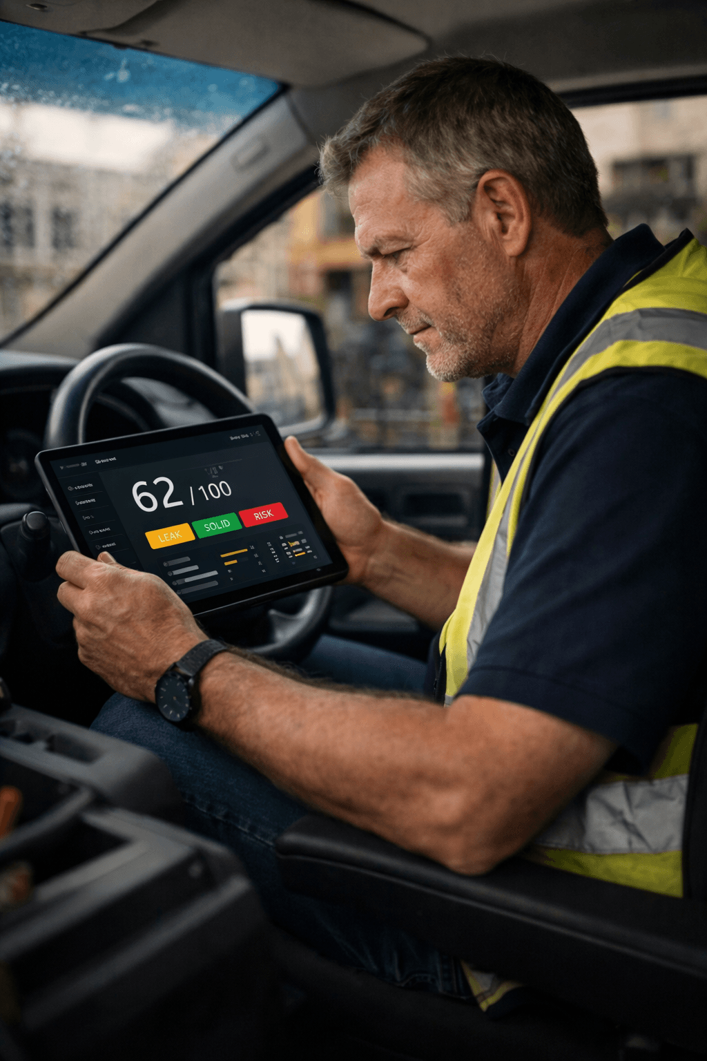 Tradesman reviewing a scorecard on a tablet inside a van
